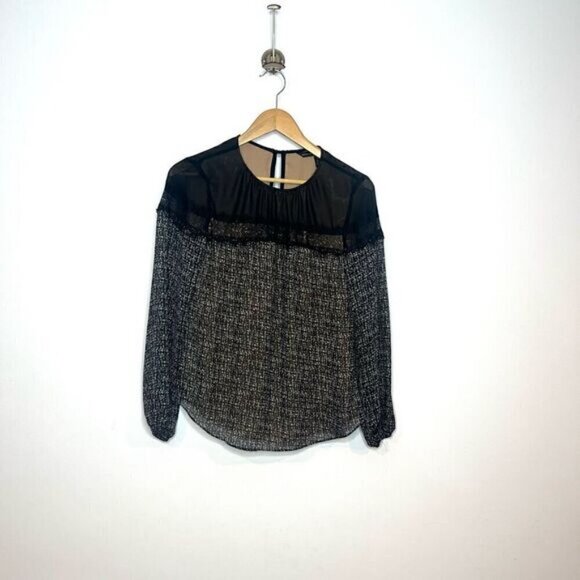 White House Black Market Women’s 0 Blouse Black White Long Sleeve Keyhole Back - Picture 11 of 11